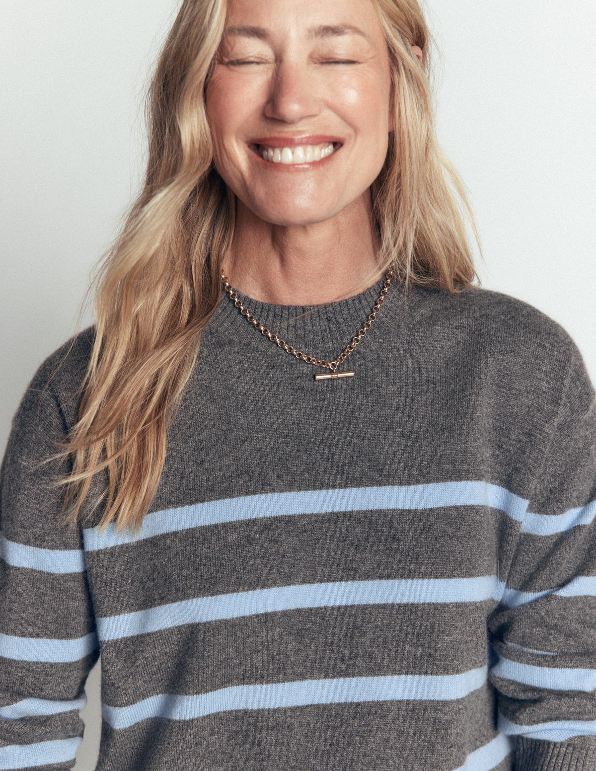 Fay Cashmere Crew Neck Jumper-Charcoal, Blue Stripe - Image 2