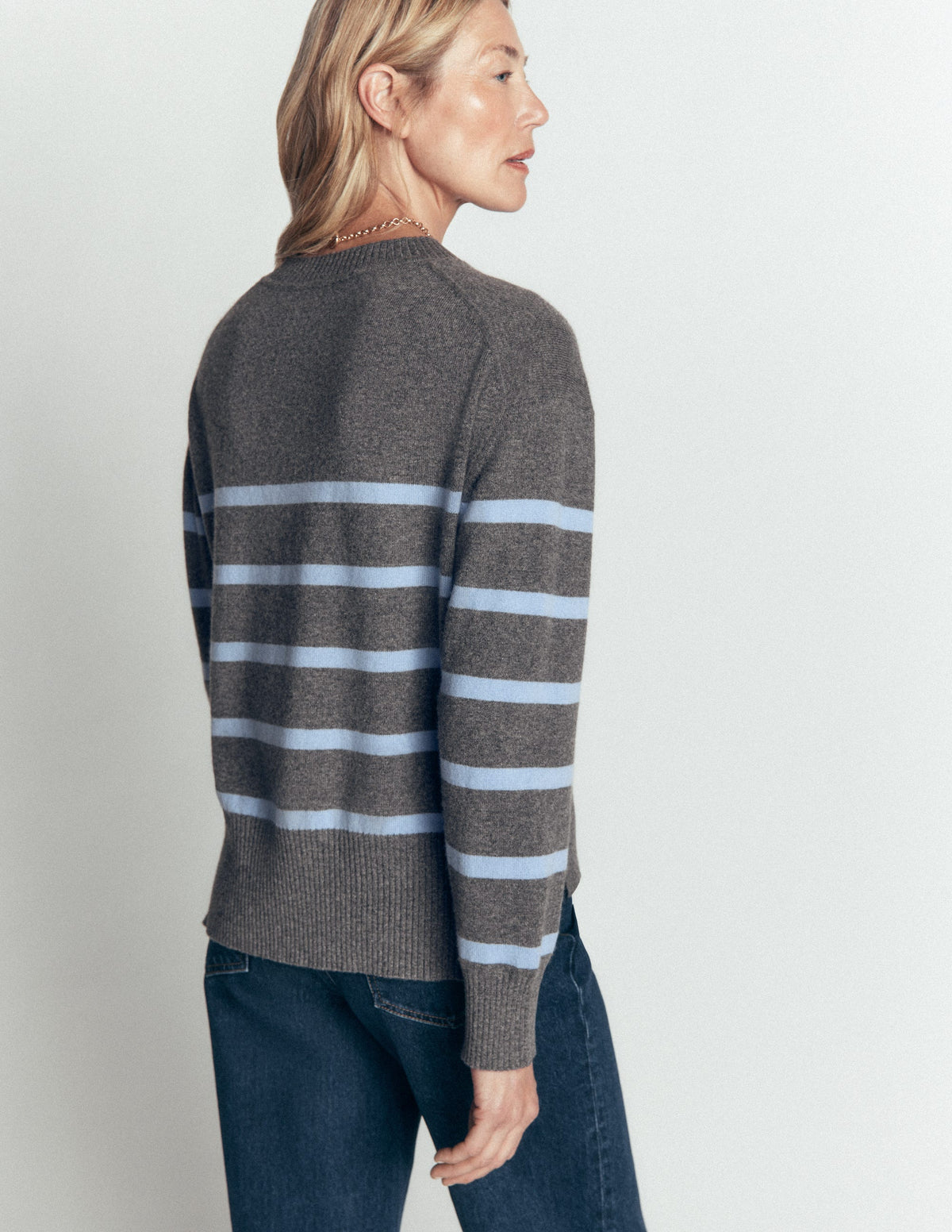 Fay Cashmere Crew Neck Jumper-Charcoal, Blue Stripe-3