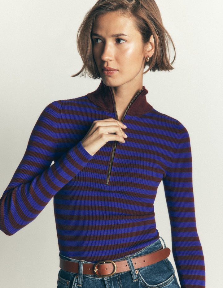 Zelda Half-Zip Ribbed Jumper-Bright Blue, Chestnut Stripe