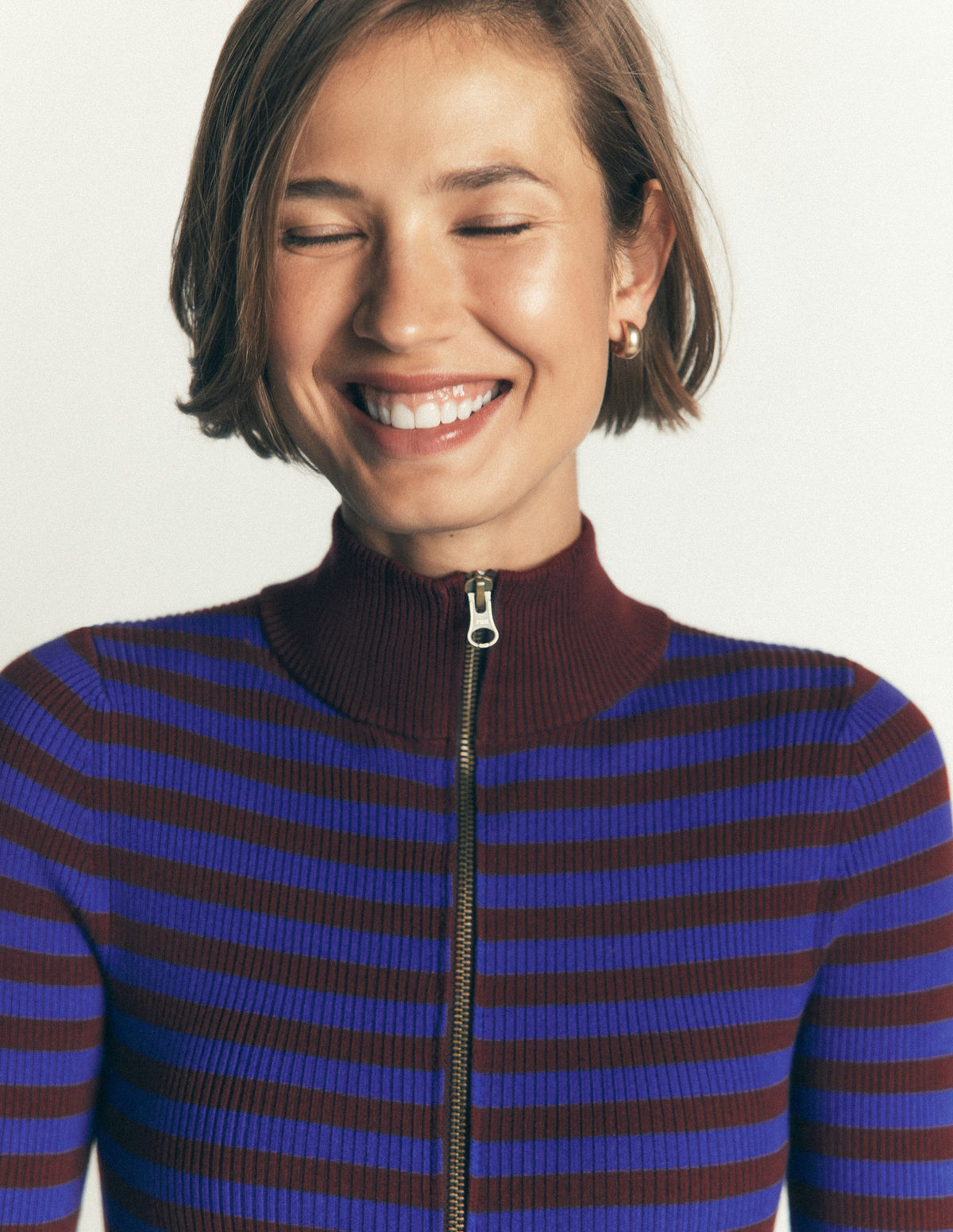 Zelda Half-Zip Ribbed Jumper-Bright Blue, Chestnut Stripe-4