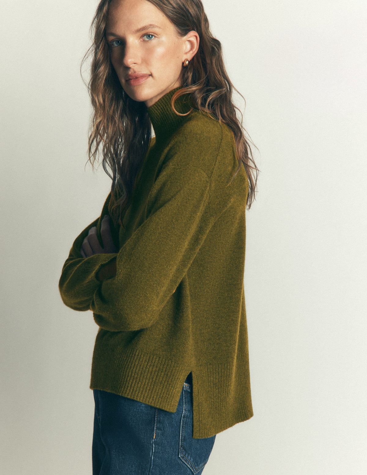 Marta Longline Merino Jumper-Ochre Green-5