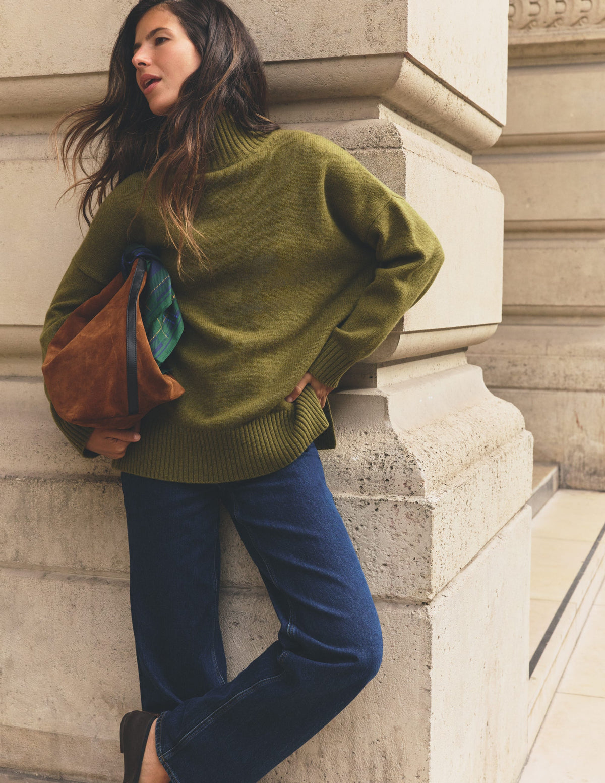 Marta Longline Merino Jumper-Ochre Green - Image 1