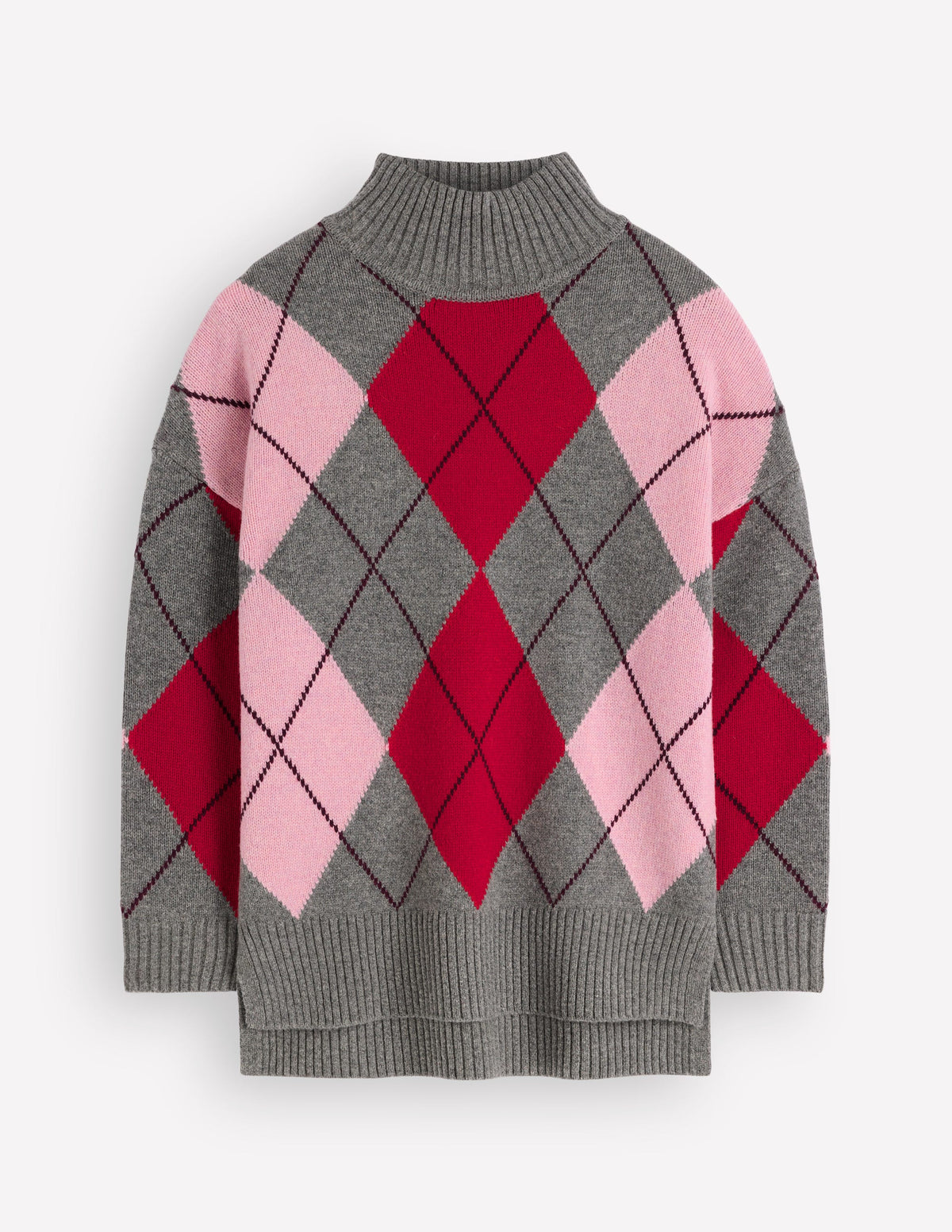 Marta Longline Merino Jumper-Grey, Red, Pink Argyle - Image 6