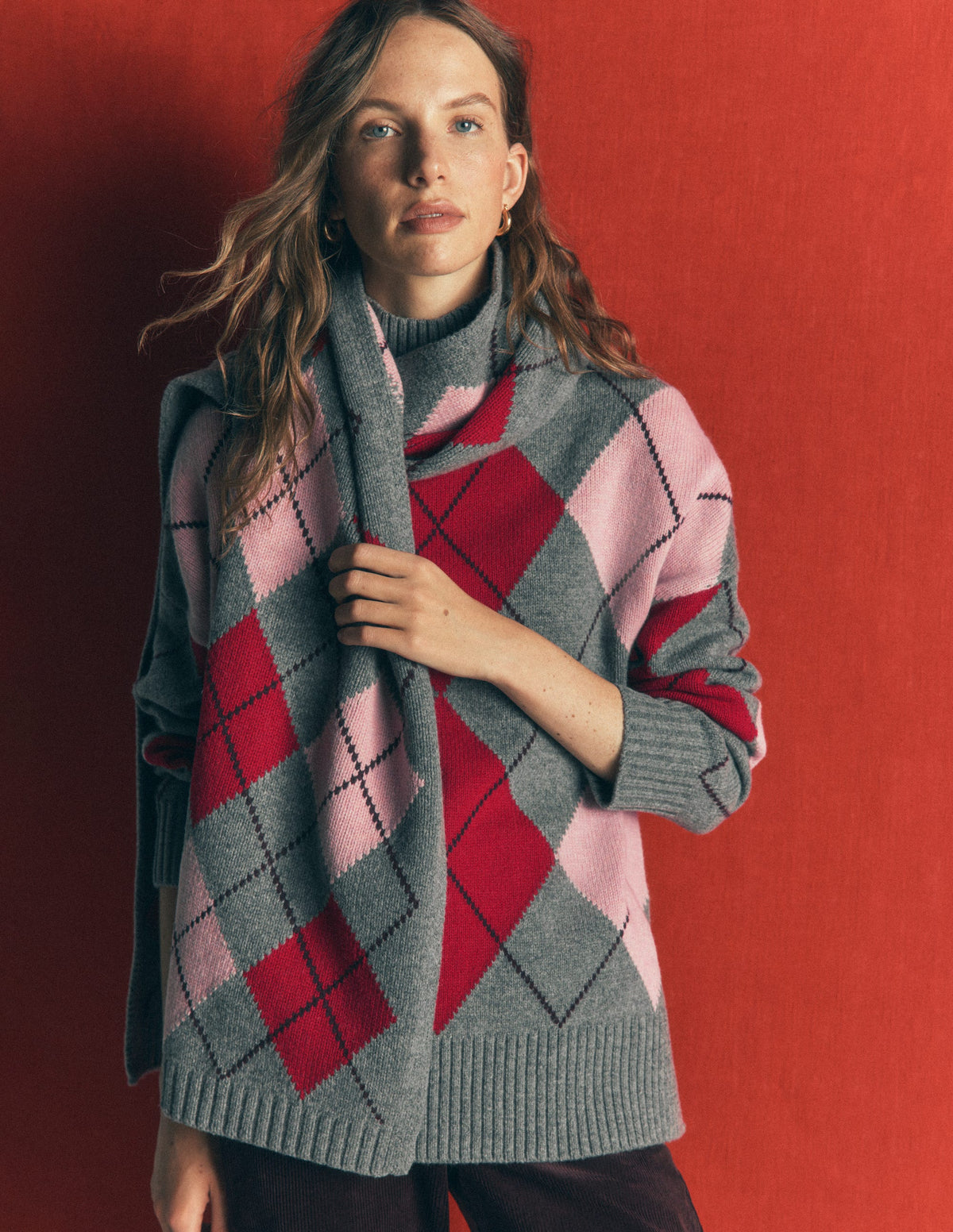 Marta Longline Merino Jumper-Grey, Red, Pink Argyle-1