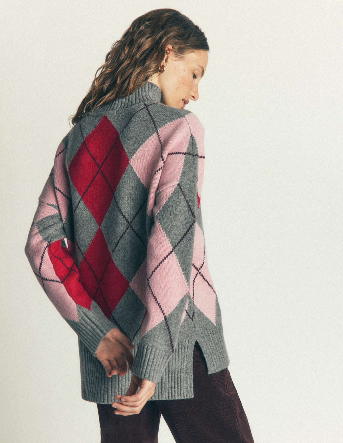 Marta Longline Merino Jumper-Grey, Red, Pink Argyle-3