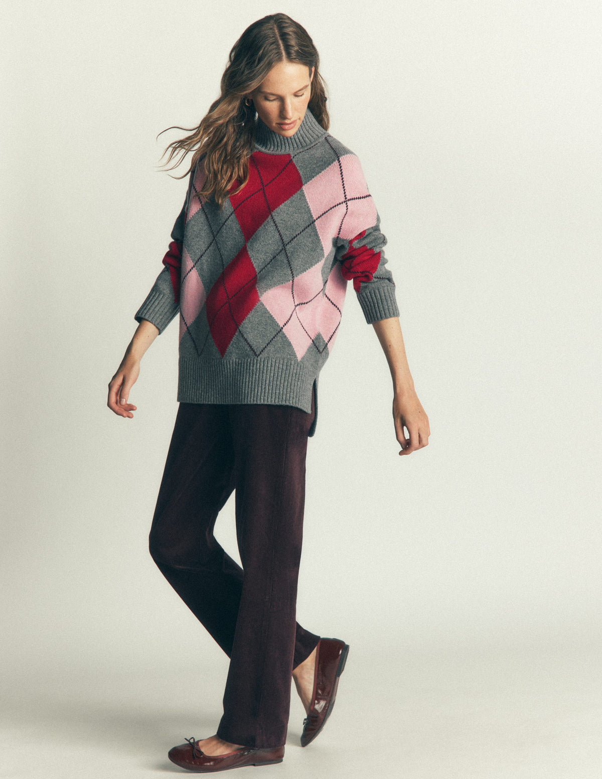 Marta Longline Merino Jumper-Grey, Red, Pink Argyle-4