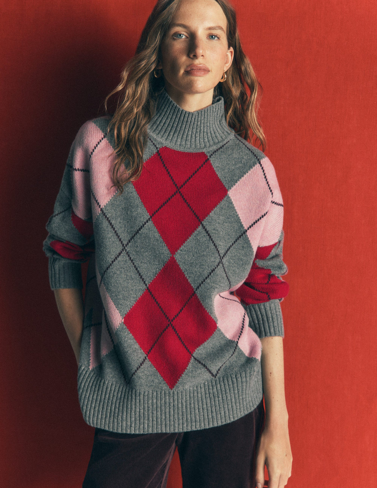 Marta Longline Merino Jumper-Grey, Red, Pink Argyle - Image 5
