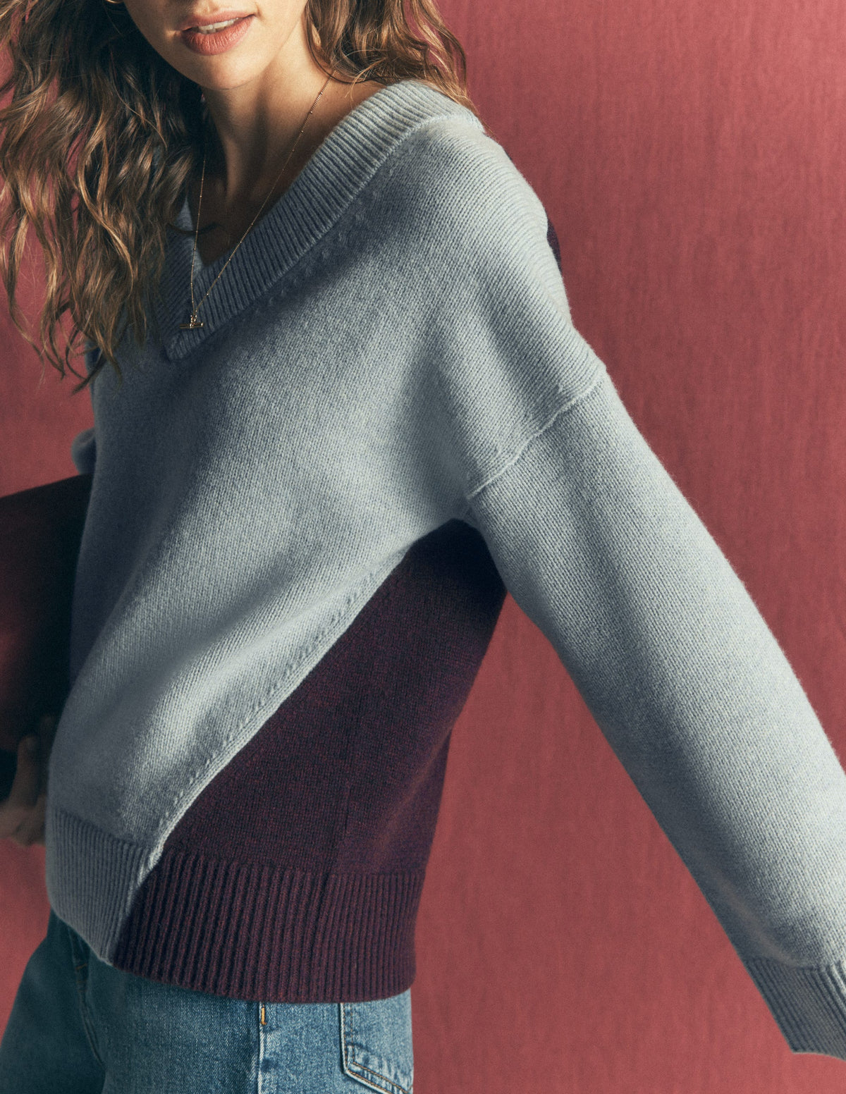Marta Merino V Neck Jumper-Seamist Blue Colour Block-2