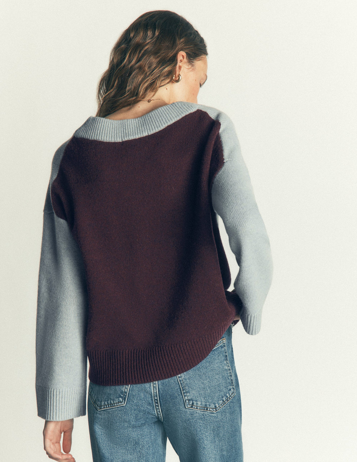 Marta Merino V Neck Jumper-Seamist Blue Colour Block-3