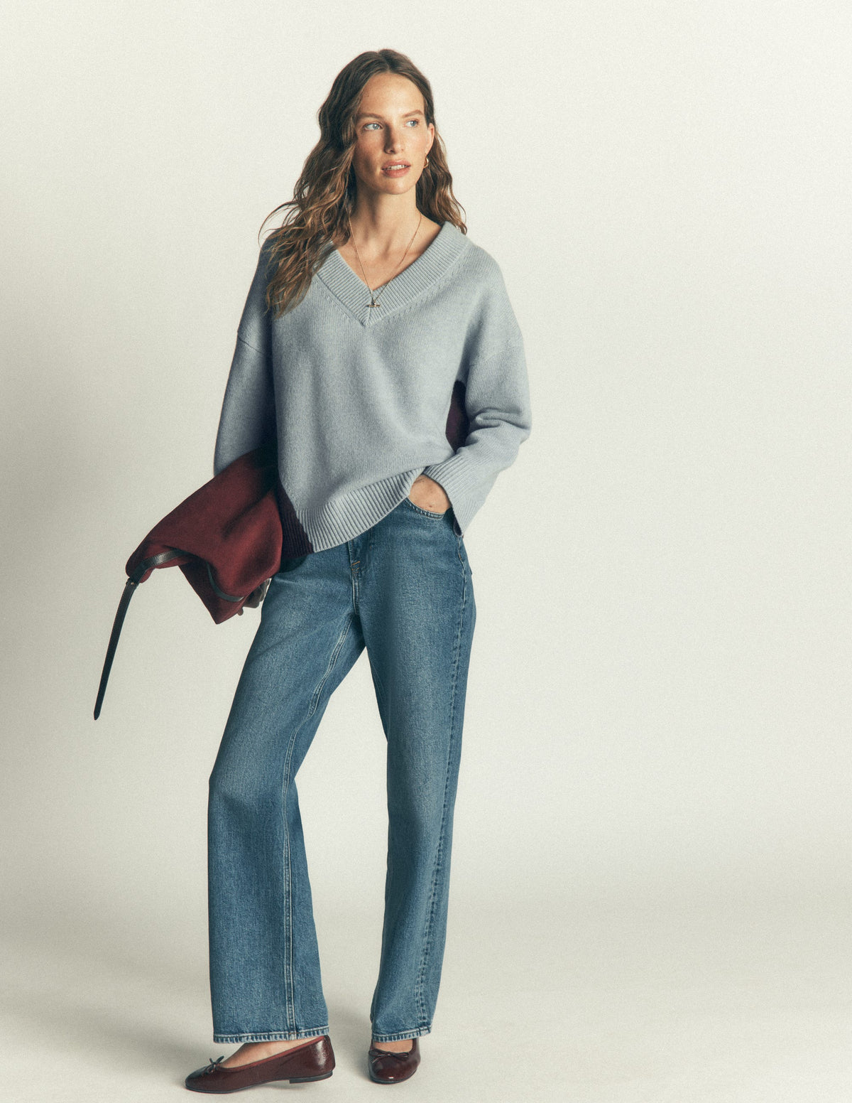 Marta Merino V Neck Jumper-Seamist Blue Colour Block-4