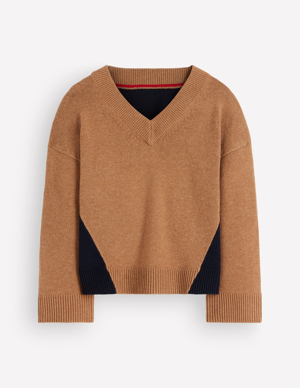 Marta Merino V Neck Jumper-Camel, Navy Colour Block - Image 5