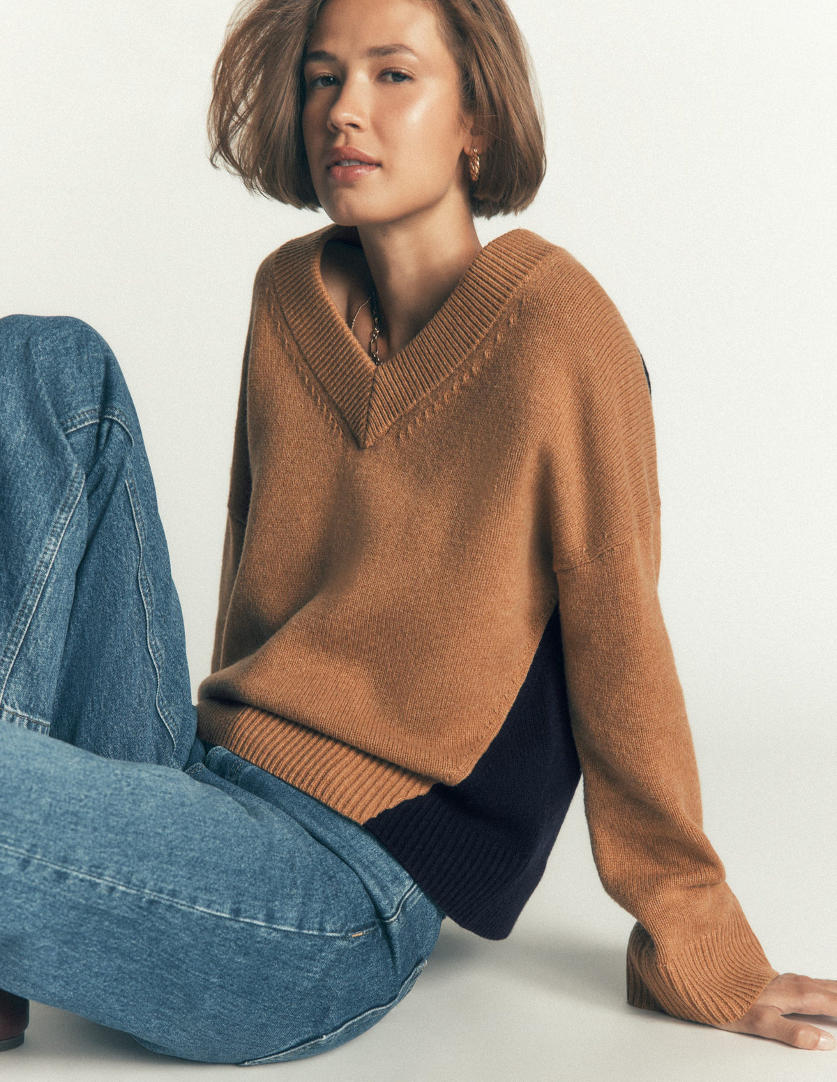 Marta Merino V Neck Jumper-Camel, Navy Colour Block-1