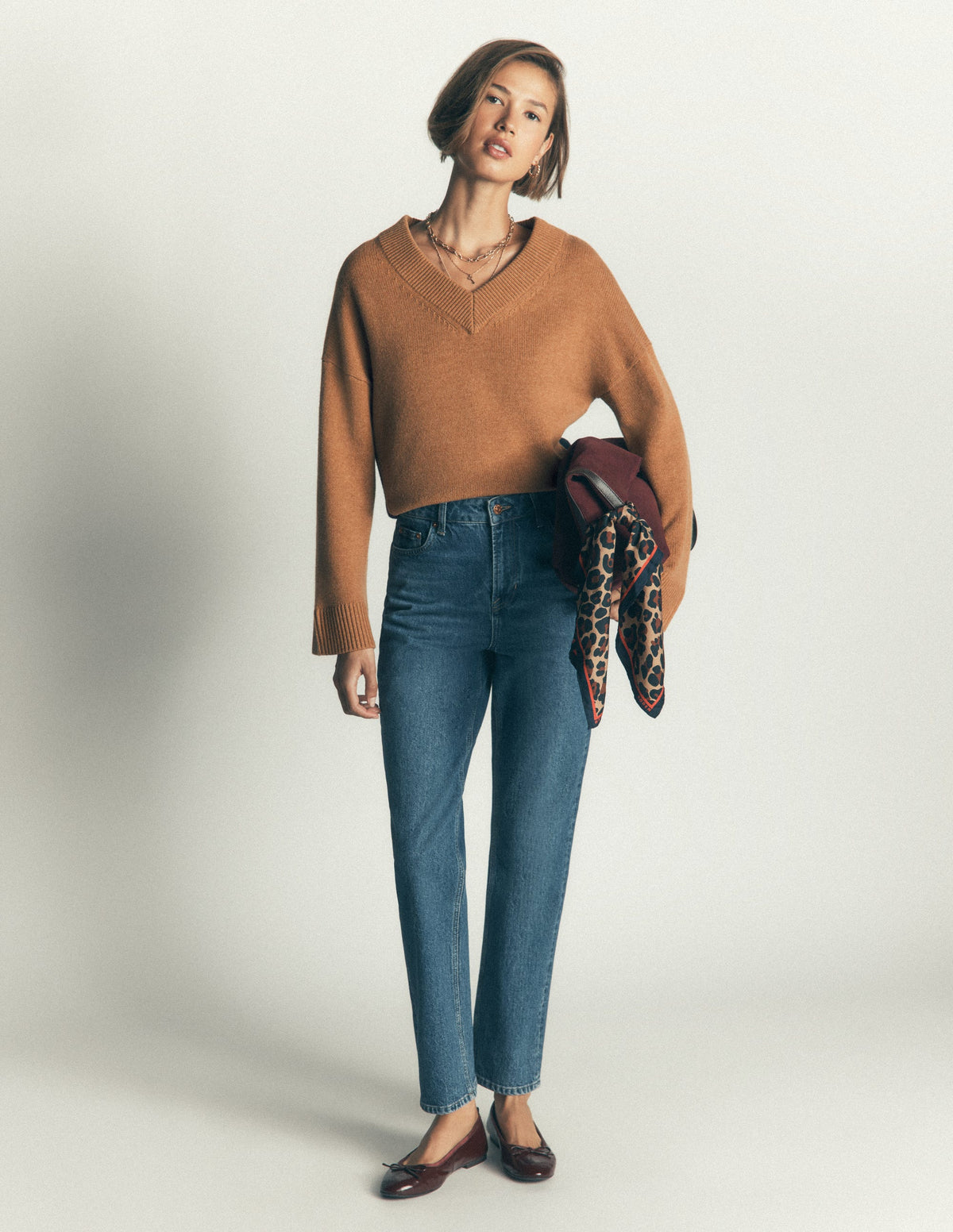 Marta Merino V Neck Jumper-Camel, Navy Colour Block-4