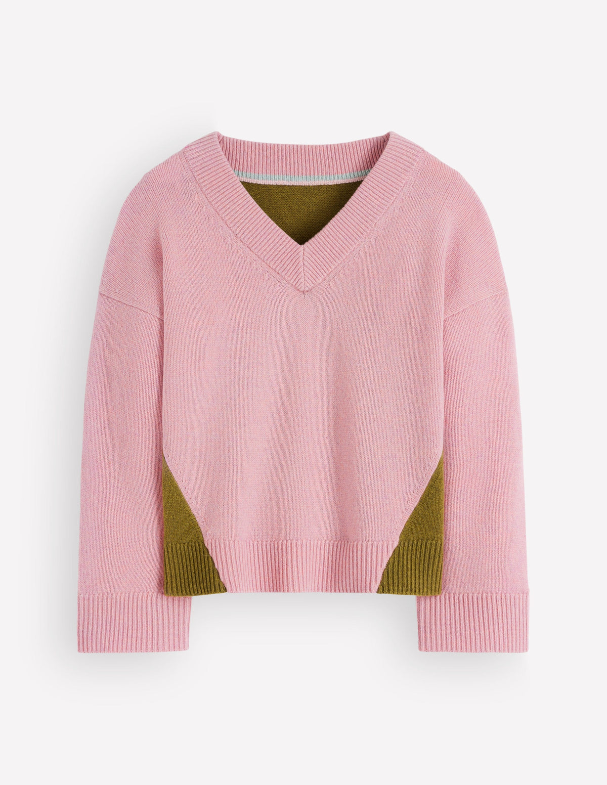 Marta Merino V Neck Jumper-Blush, Green Colour Block - Image 7