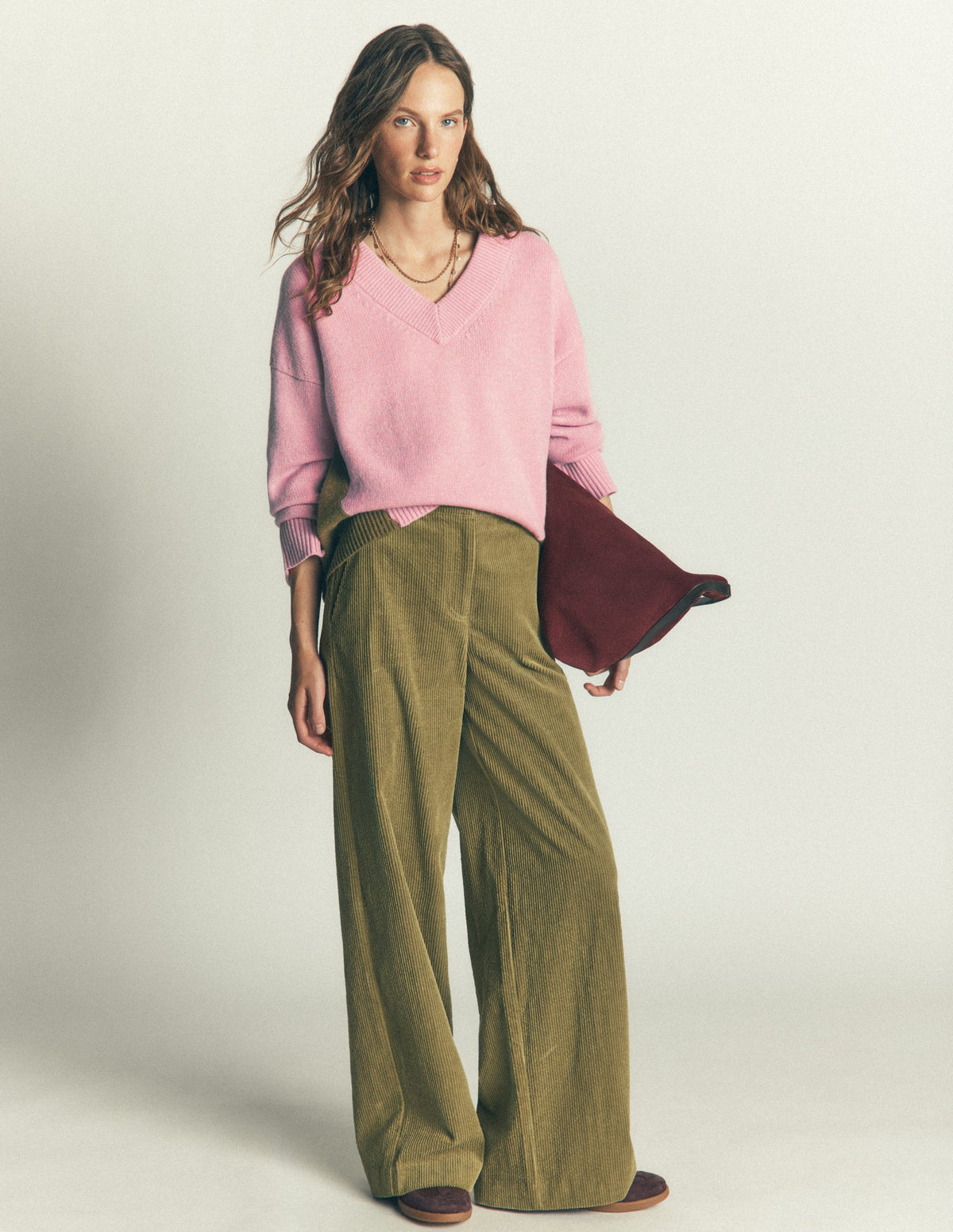 Marta Merino V Neck Jumper-Blush, Green Colour Block-5