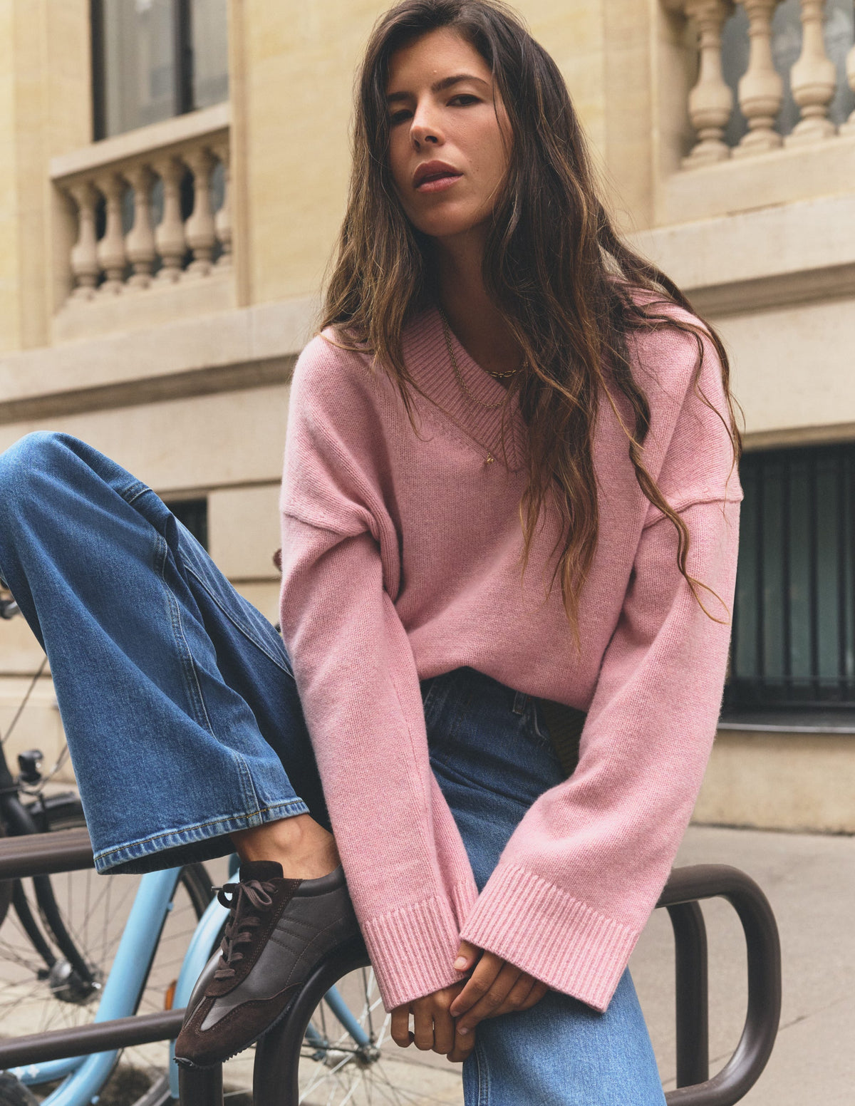 Marta Merino V Neck Jumper-Blush, Green Colour Block-1