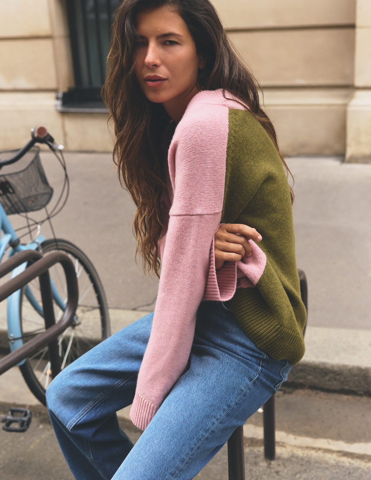 Marta Merino V Neck Jumper-Blush, Green Colour Block - Image 6