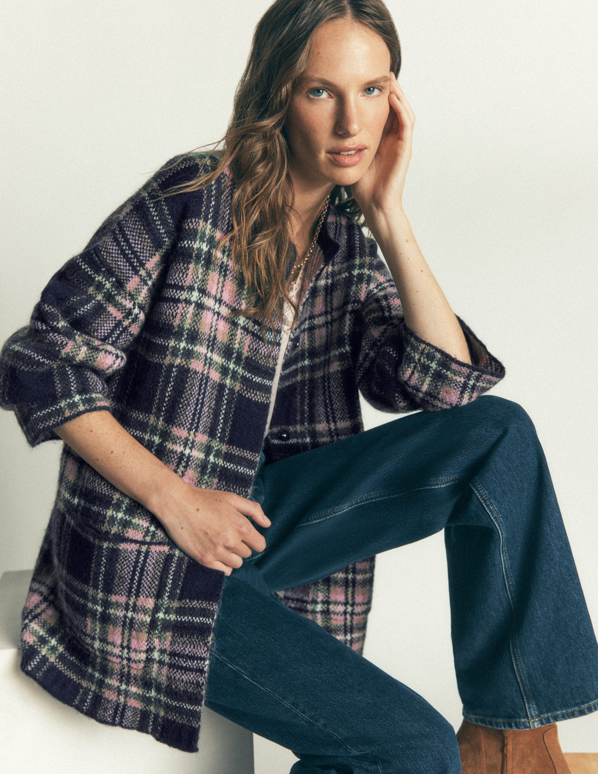 Fluffy Jacquard Cardigan-Navy, Green and Pink Check - Image 2