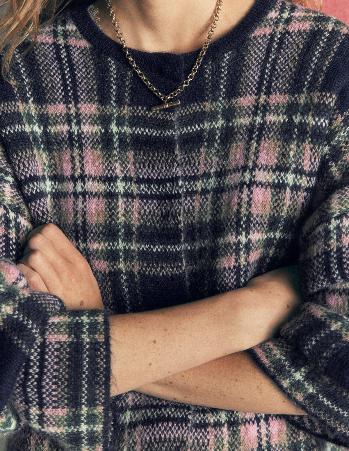 Fluffy Jacquard Cardigan-Navy, Green and Pink Check-3