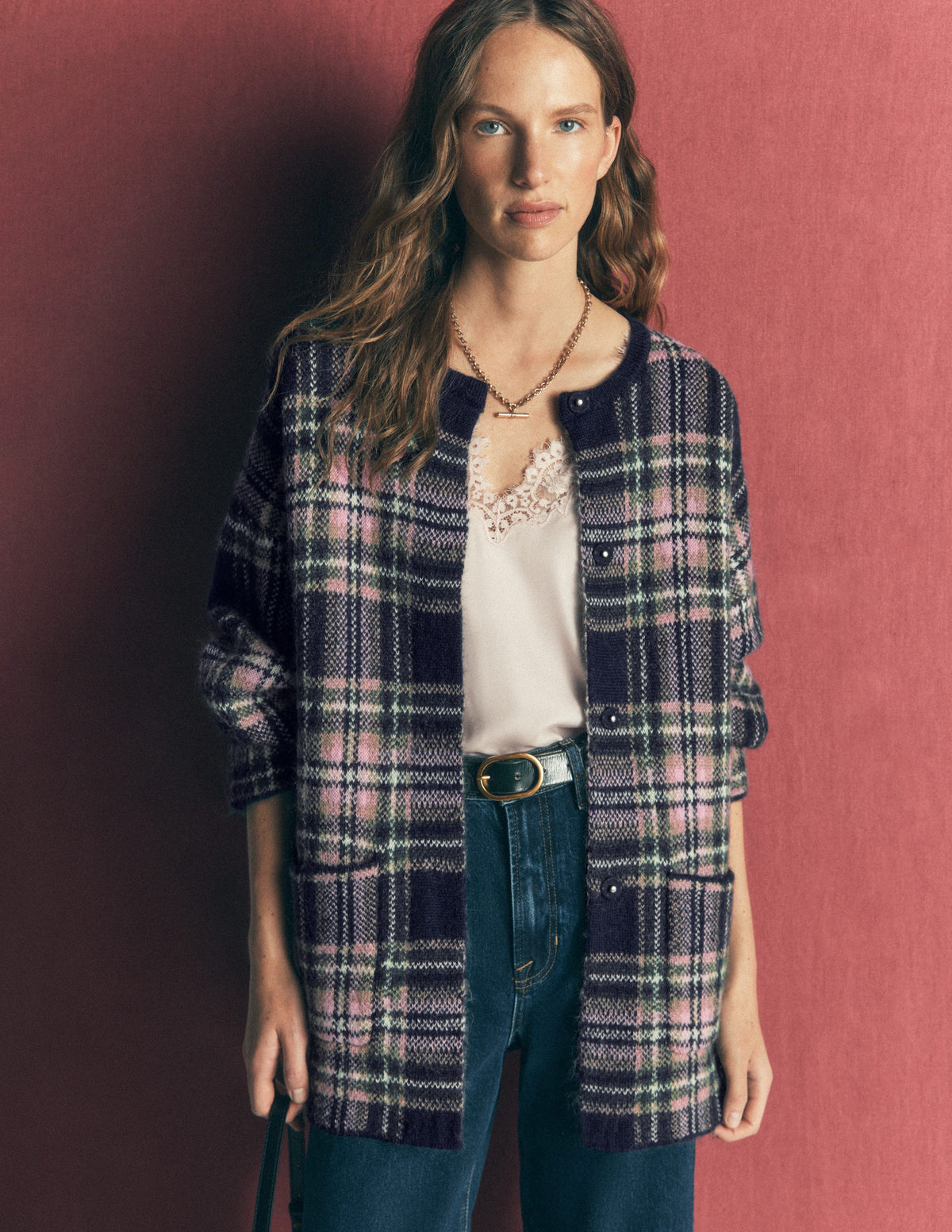 Fluffy Jacquard Cardigan-Navy, Green and Pink Check-6