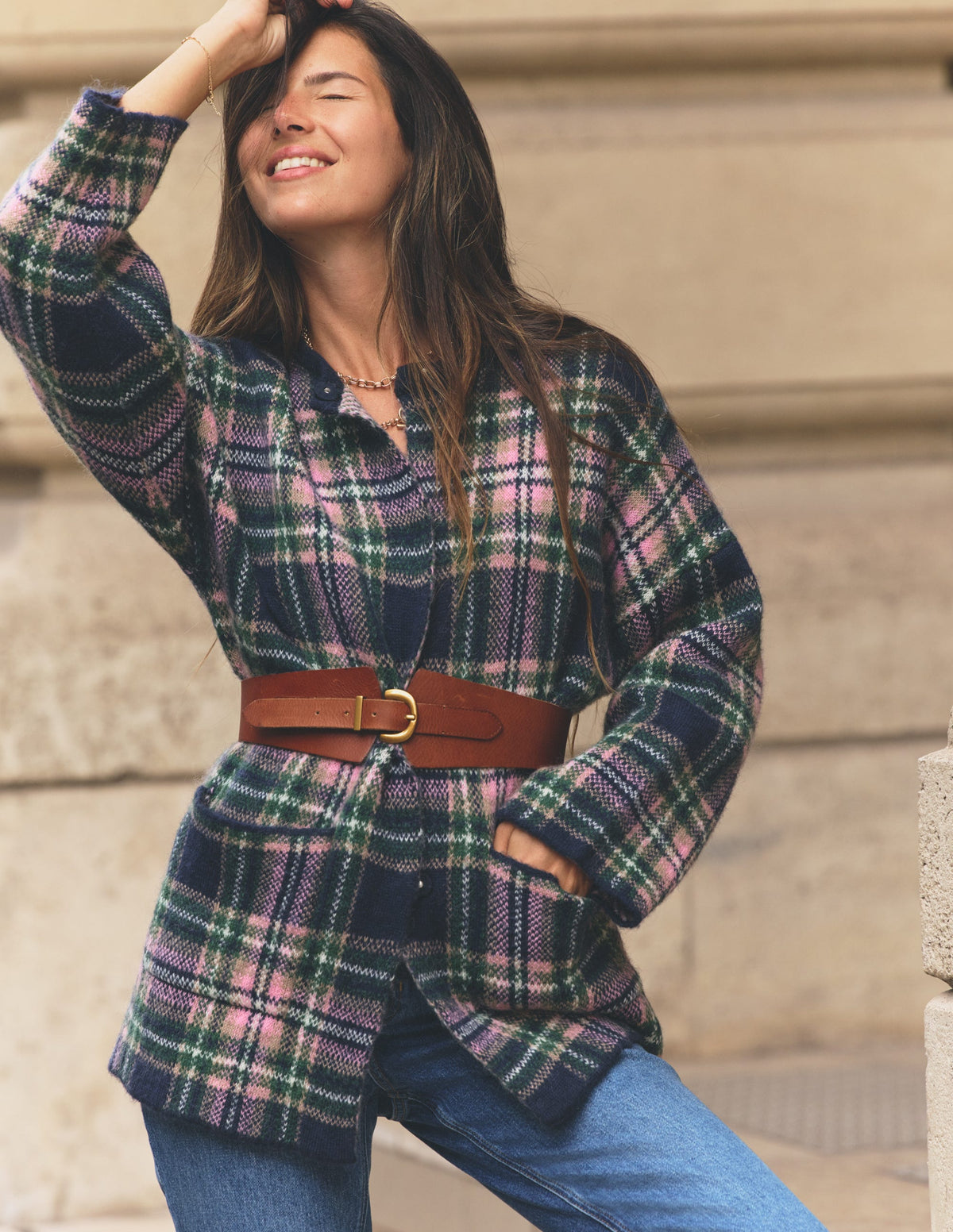 Fluffy Jacquard Cardigan-Navy, Green and Pink Check-1