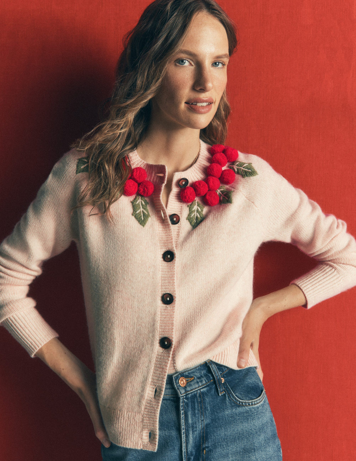 Mae Novelty Cardigan-Ivory, Holly wreath - Image 1