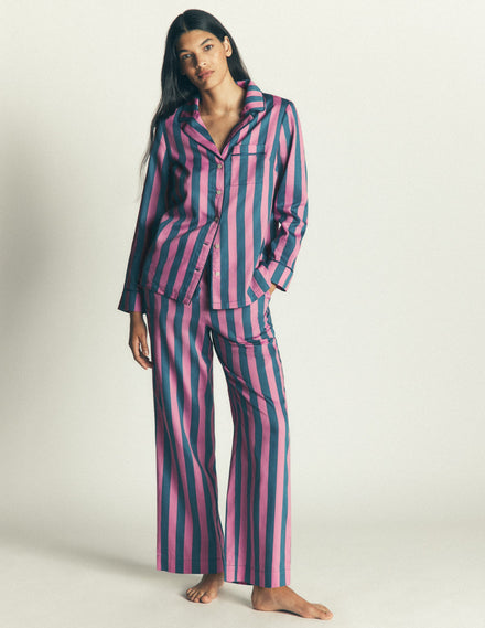 Cotton Pyjama Trousers-Pink And Blue Stripe