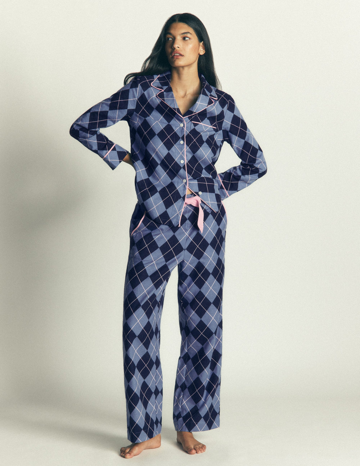 Brushed Cotton Pyjama Trousers-Light Blue and Navy Argyle - Image 1