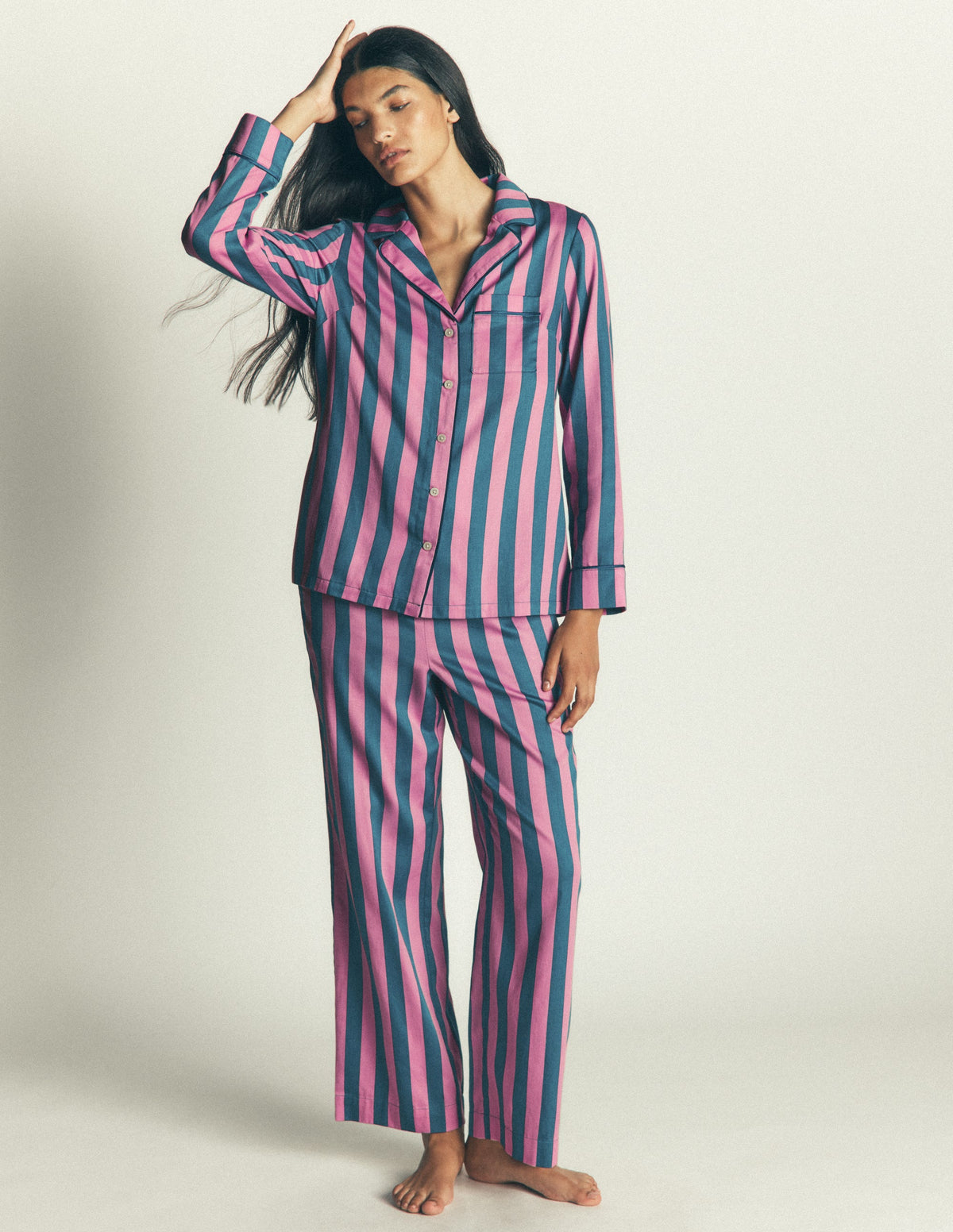 Cotton Pyjama Shirt-Pink And Blue Stripe-4
