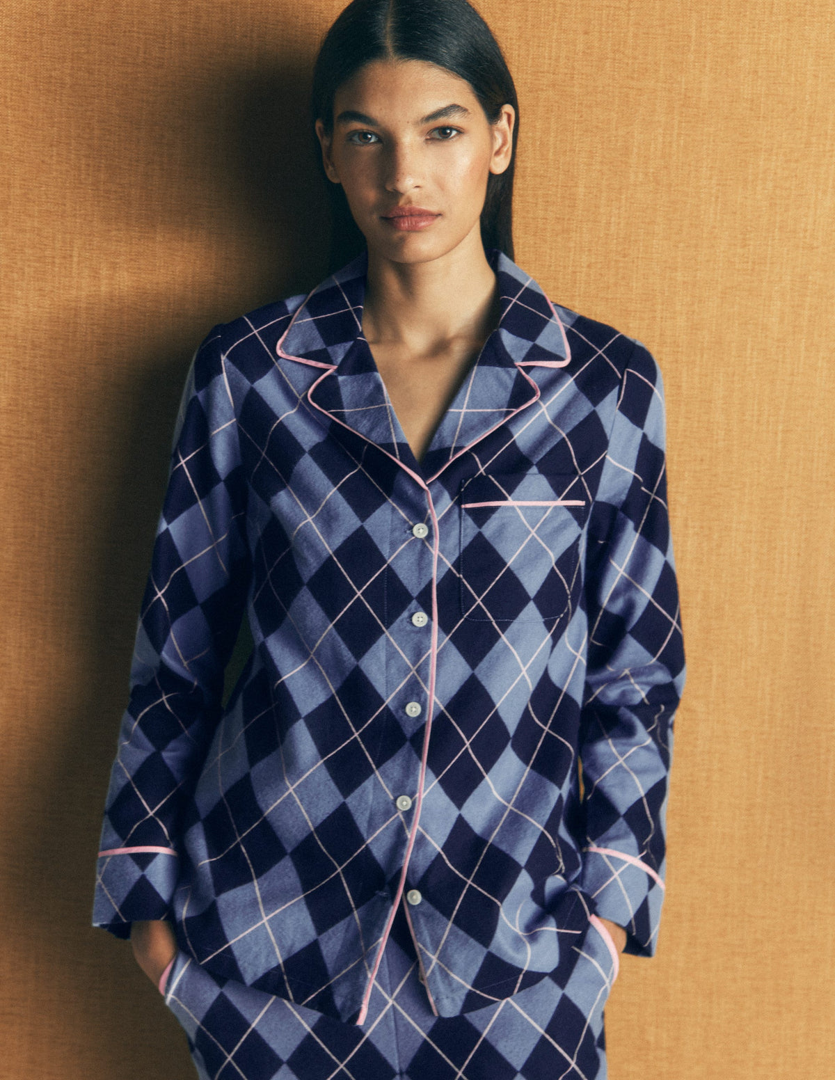 Brushed Cotton Pyjama Shirt-Blue Argyle-1