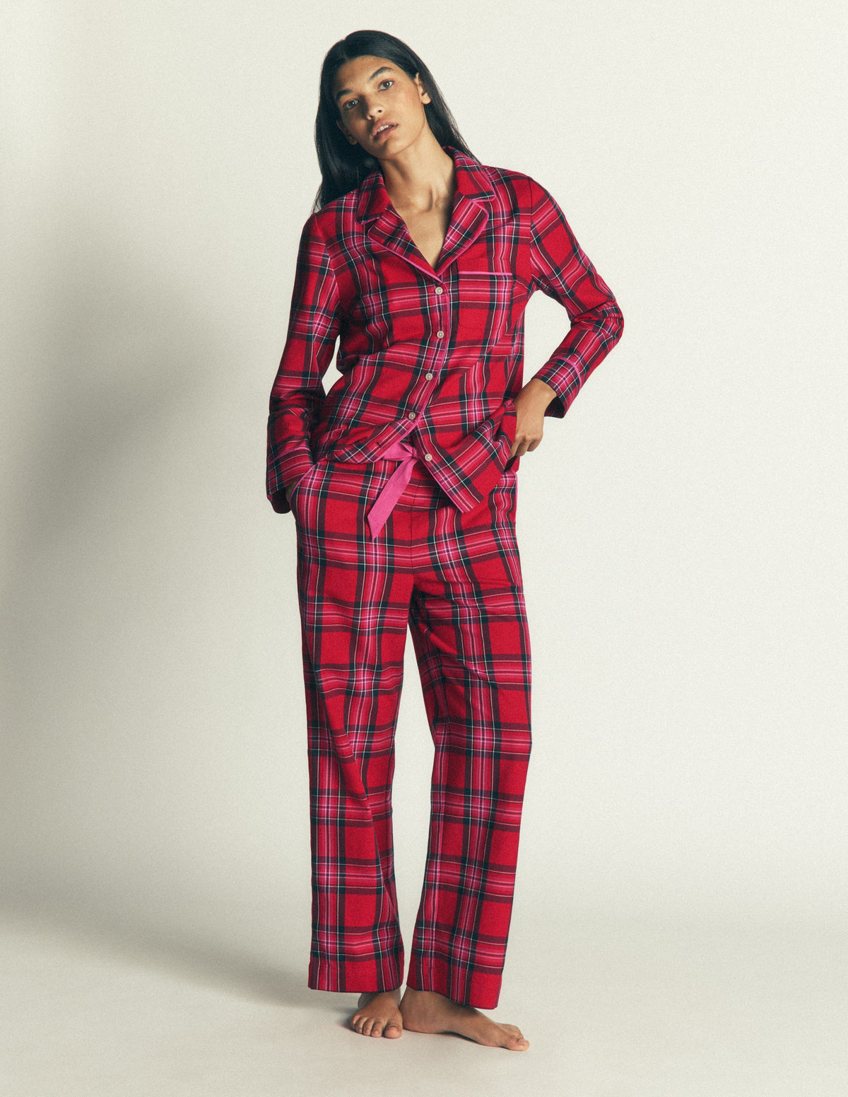 Brushed Cotton Pyjama Shirt-Red Check-4