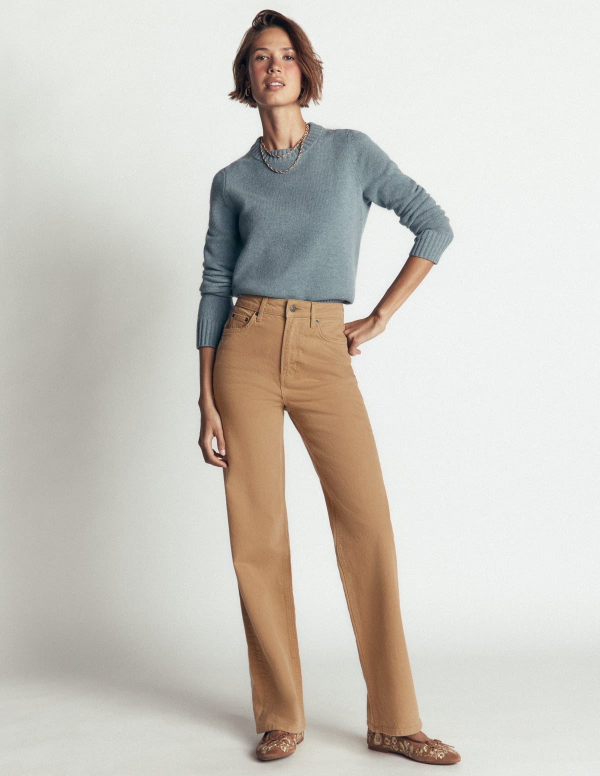 High Rise Column Leg Jeans-Camel-1