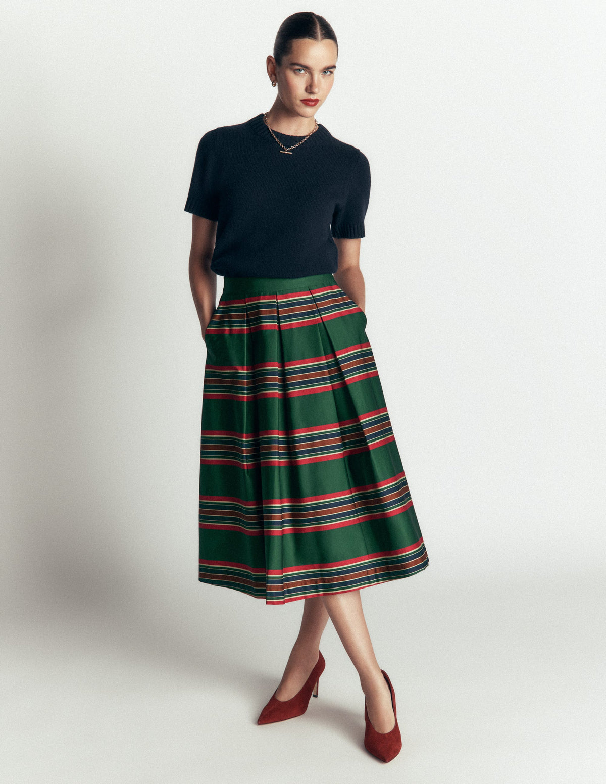 Verity  Cotton Sateen Skirt-Green, Collegic Stripe - Image 1
