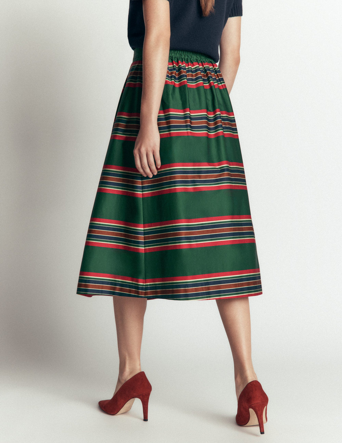 Verity  Cotton Sateen Skirt-Green, Collegic Stripe - Image 3