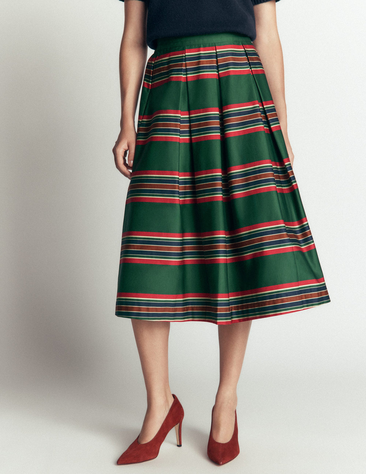 Verity  Cotton Sateen Skirt-Green, Collegic Stripe-4