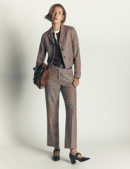 Canonbury Wool Blend Trousers-Ivory, Blue and Maroon Check