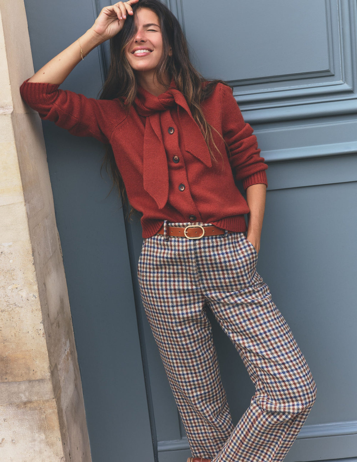 Canonbury Wool Blend Trousers-Ivory, Blue and Maroon Check-1