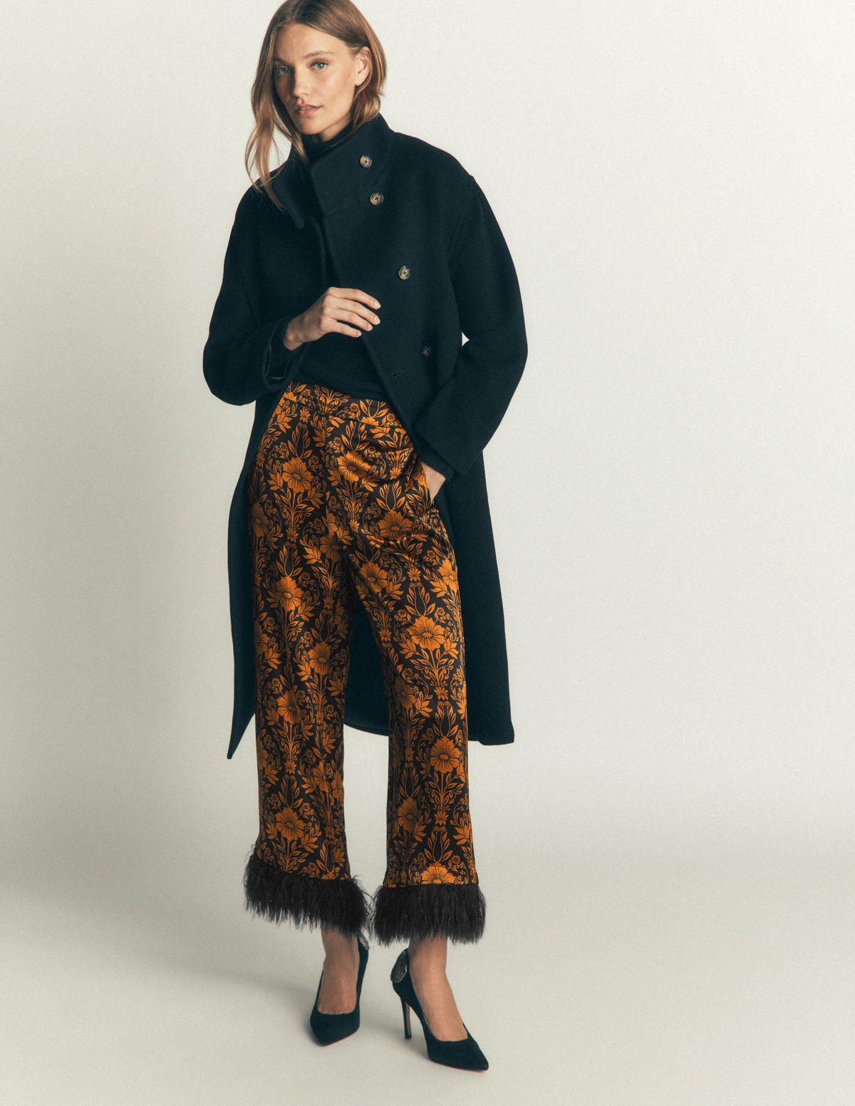 Feather Trim Trousers-Flourishing Sprig-2