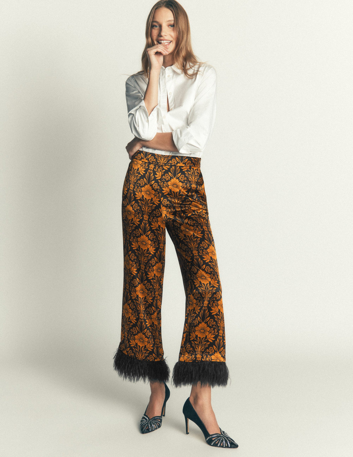 Feather Trim Trousers-Flourishing Sprig - Image 6