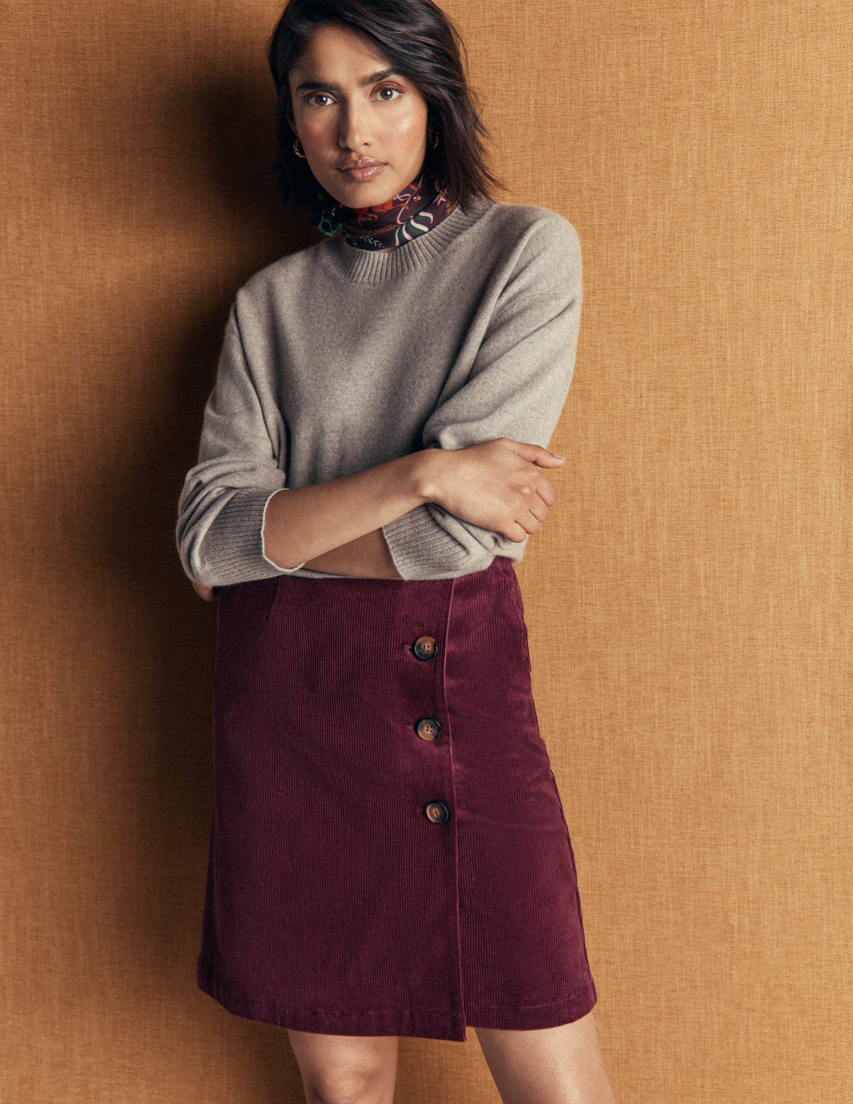 Evelyn Button Cord Wrap Skirt-Dark Crimson - Image 1