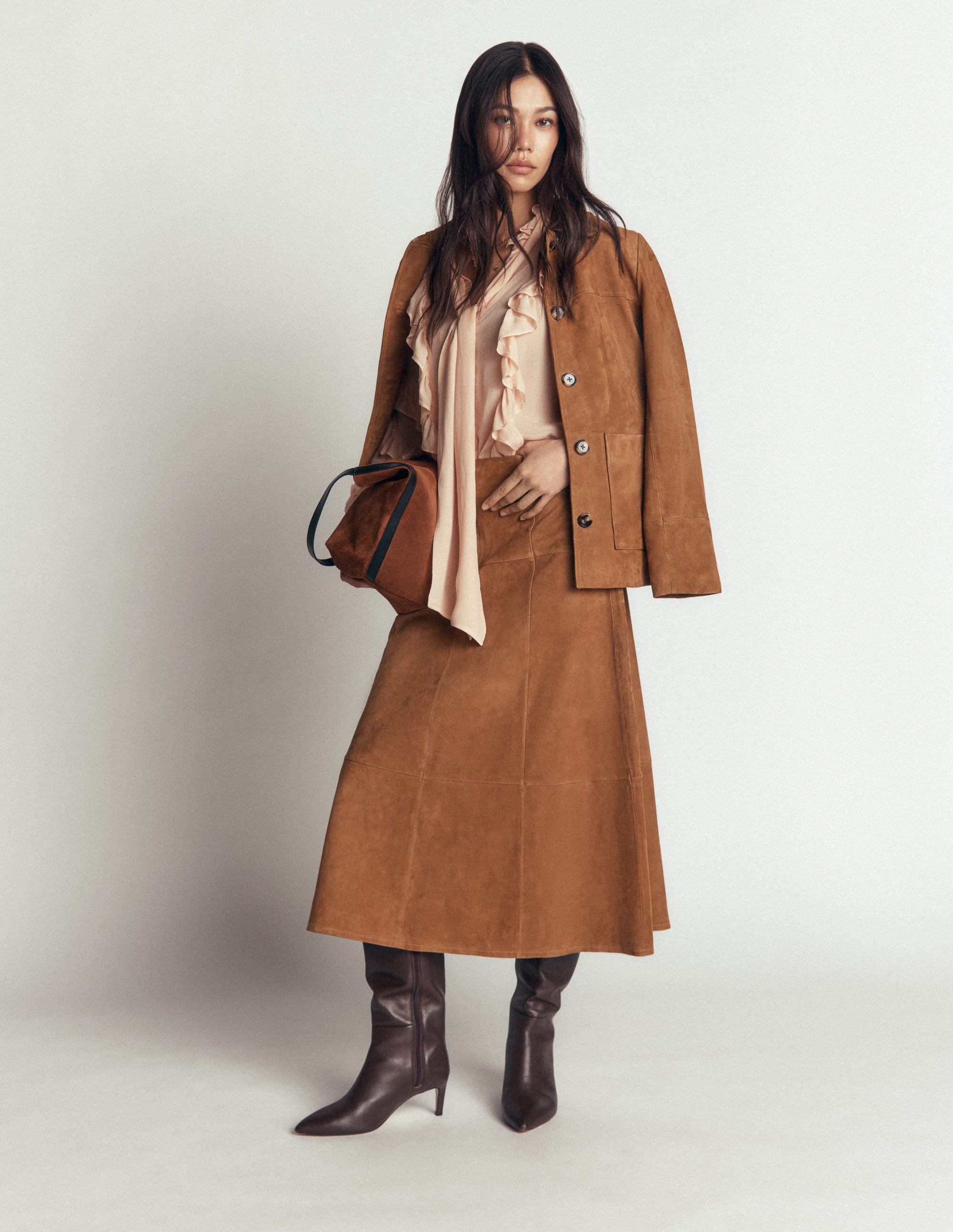 Suede Panelled Midi Skirt-Tan - Image 1