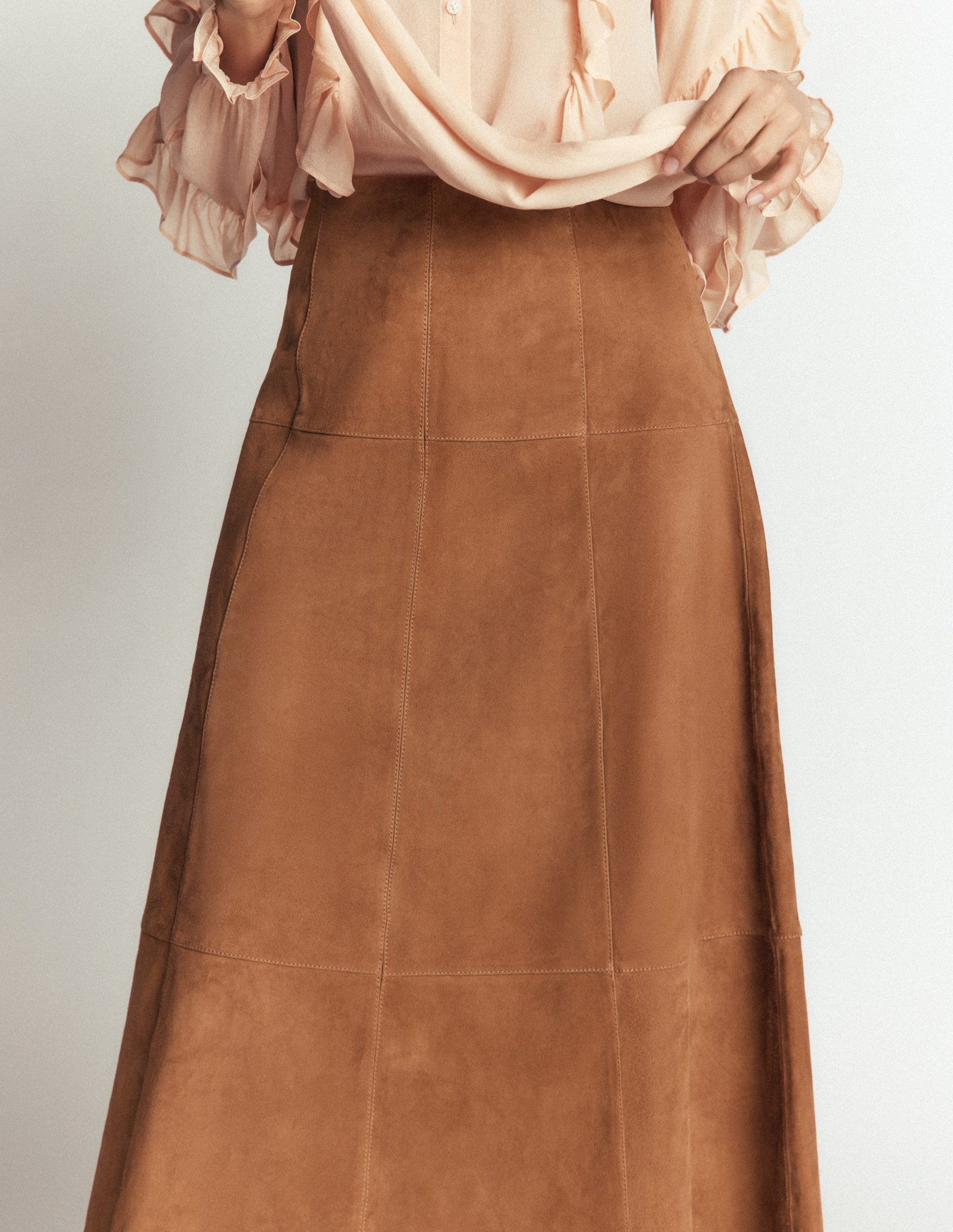 Suede Panelled Midi Skirt-Tan-2