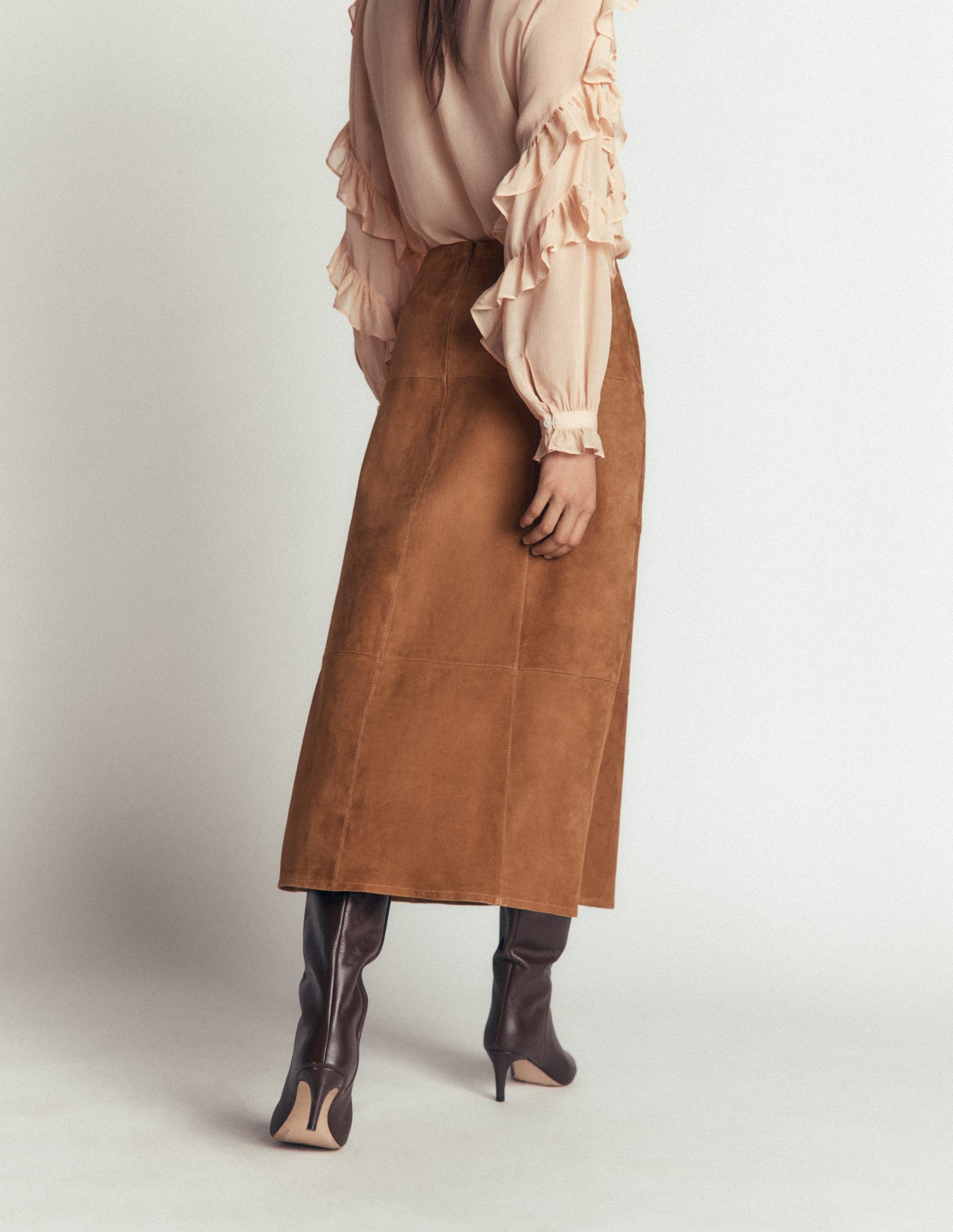 Suede Panelled Midi Skirt-Tan-3