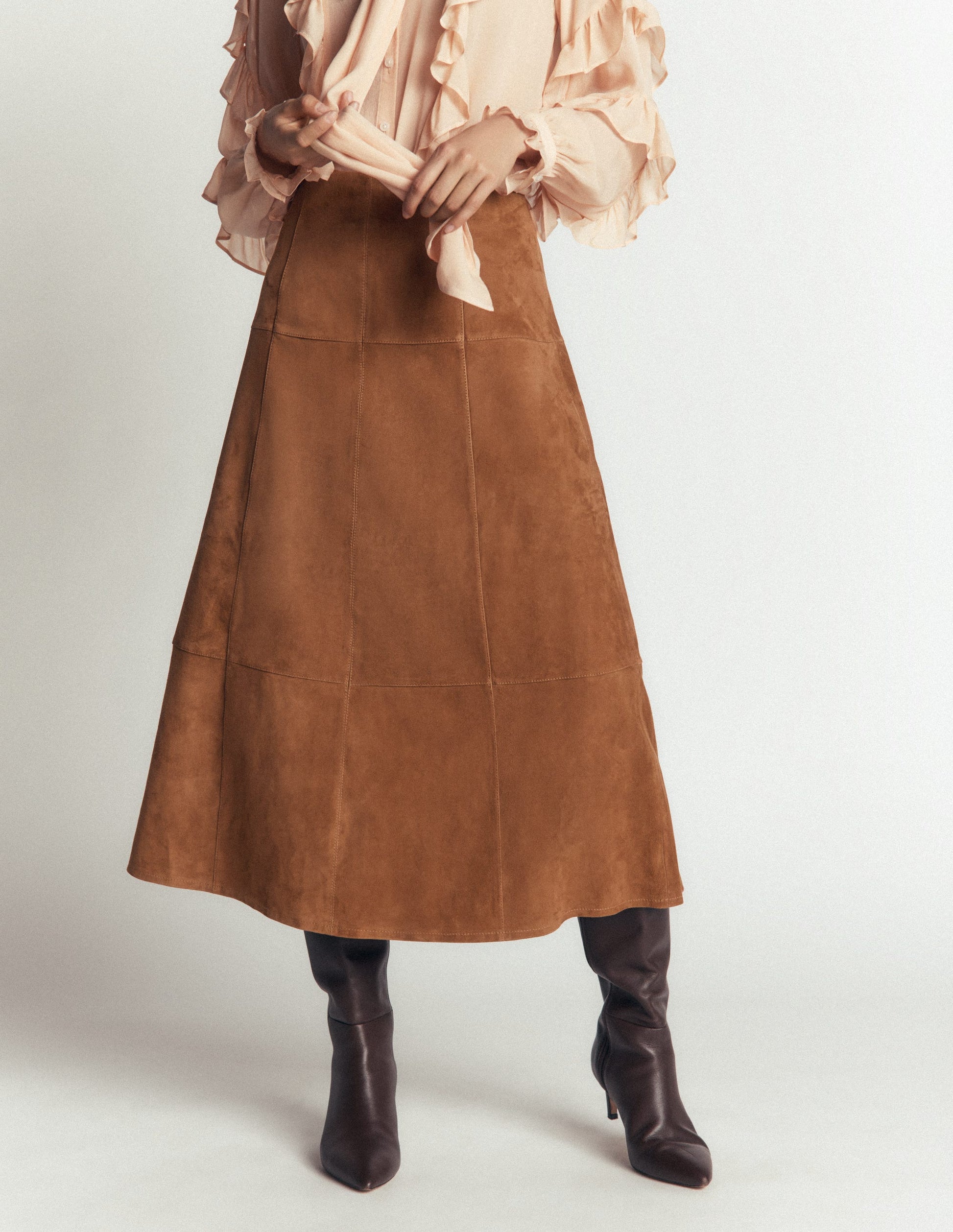 Suede Panelled Midi Skirt-Tan-4