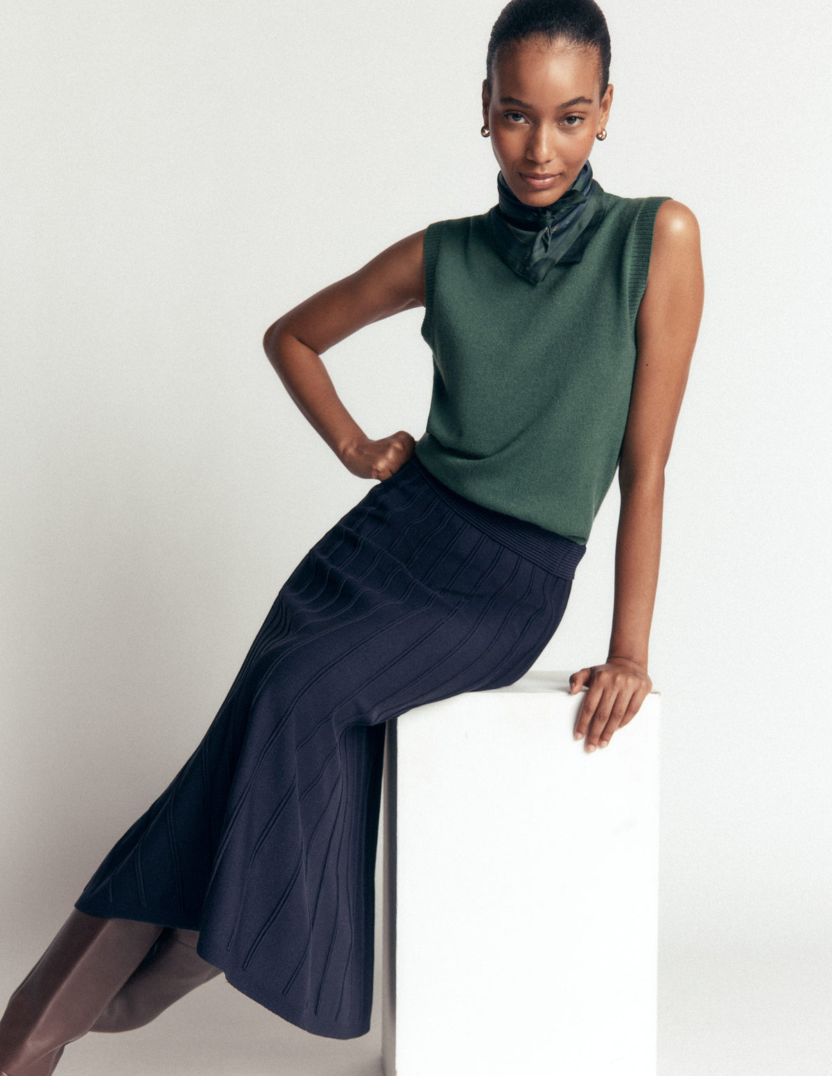 Ottoman Knitted Midi Skirt-Navy-1