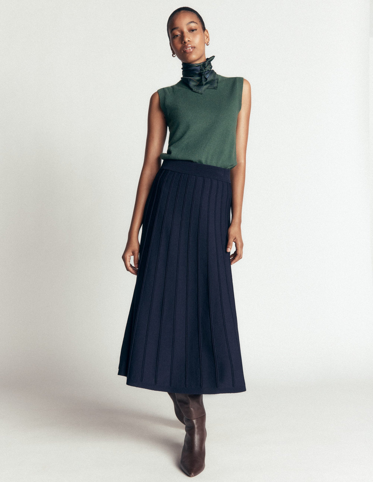 Ottoman Knitted Midi Skirt-Navy-4