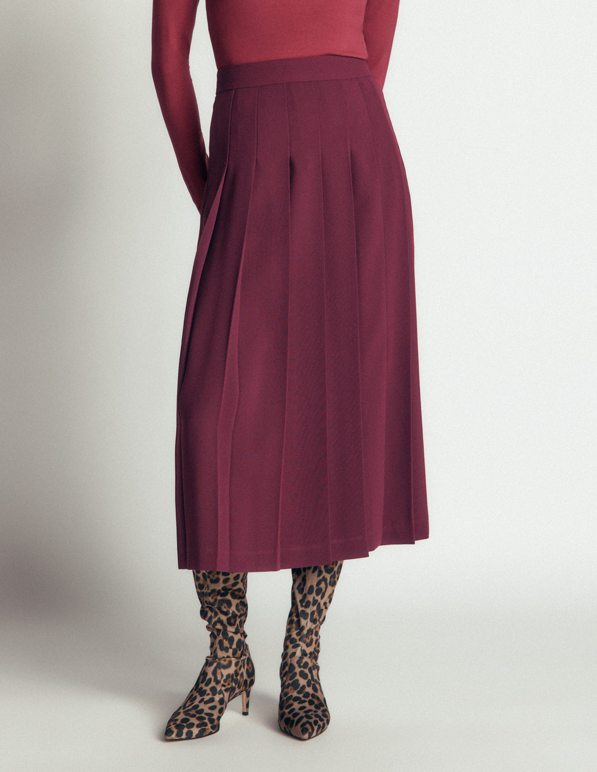 Pleat Side Split Midi Skirt-Dark Cherry - Image 2