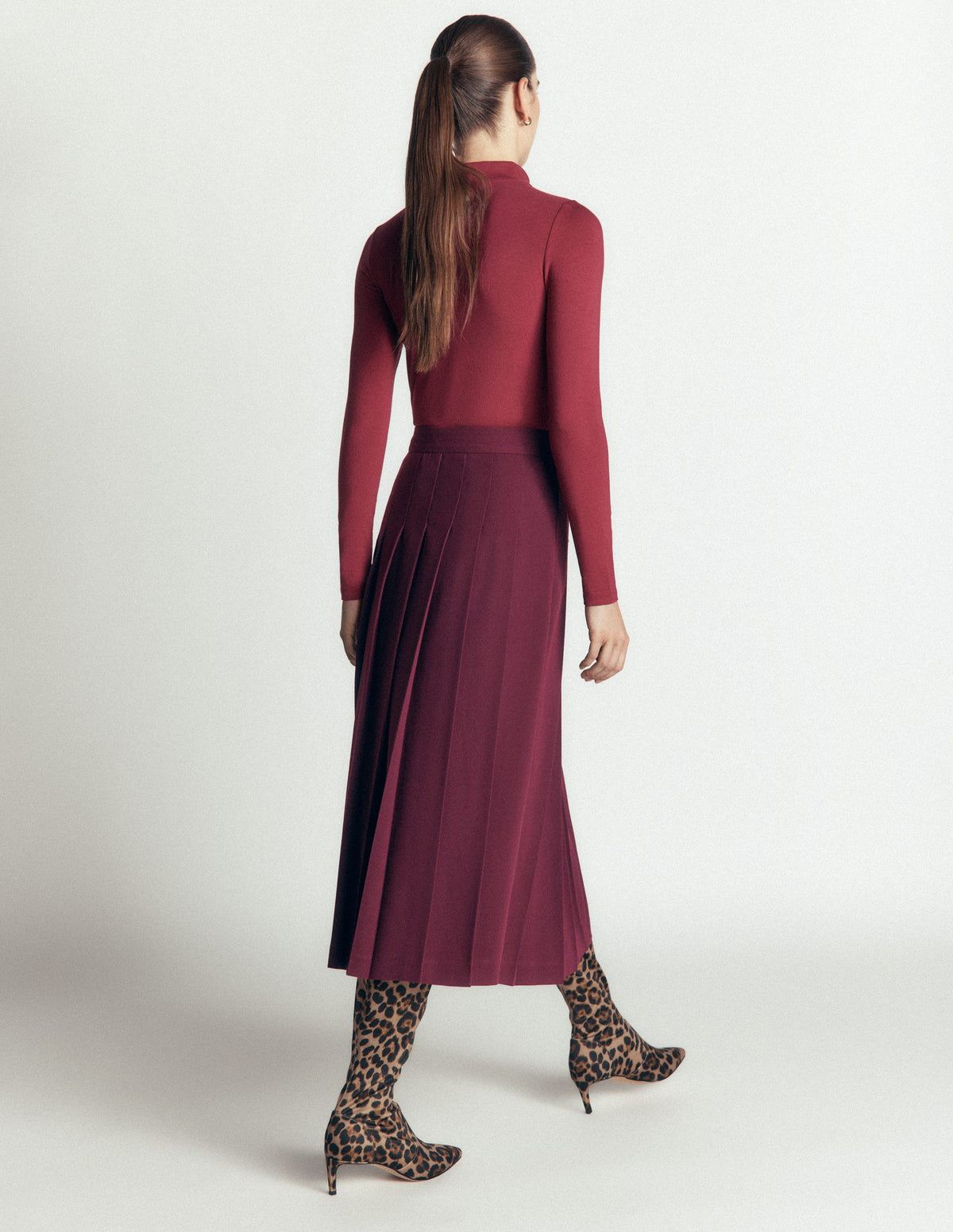 Pleat Side Split Midi Skirt-Dark Cherry-3