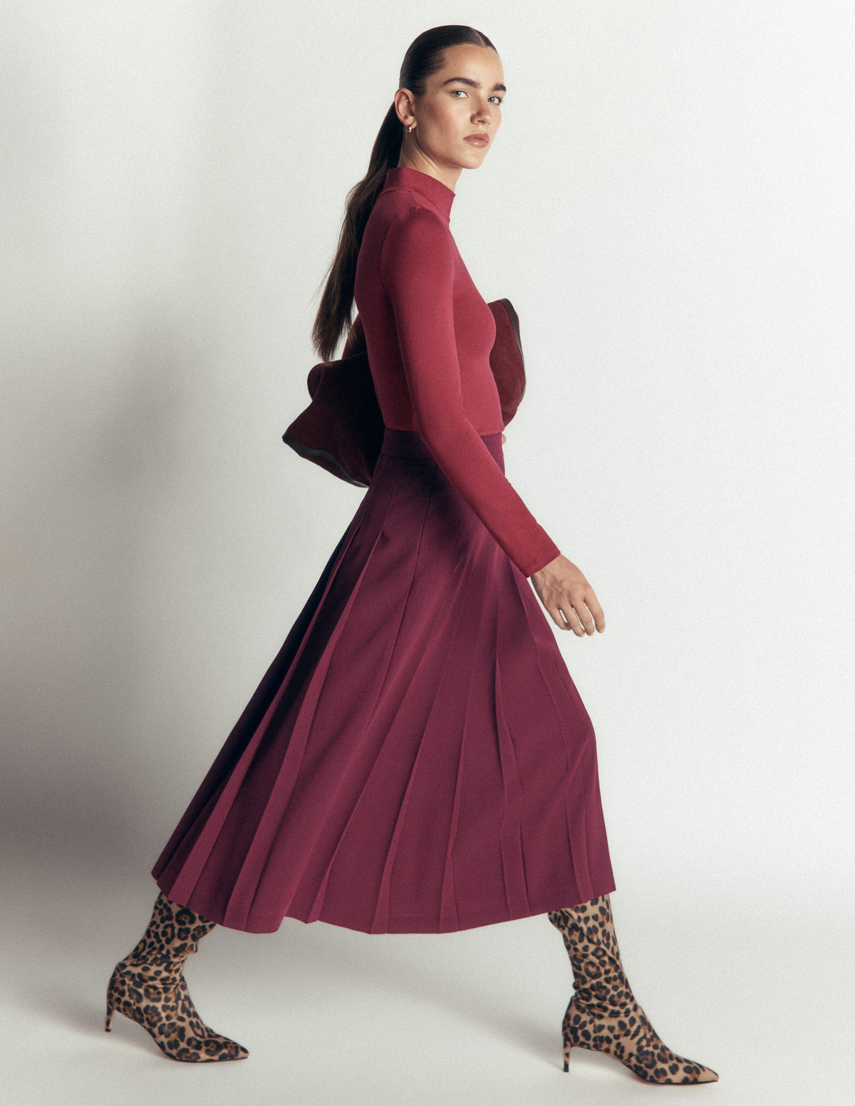 Pleat Side Split Midi Skirt-Dark Cherry-4