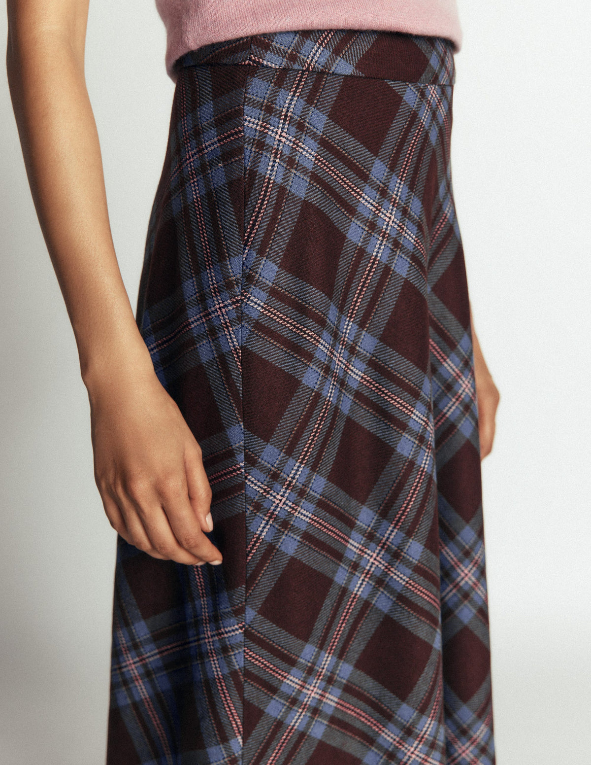 Wool Blend Slip Skirt-Brown Check-2